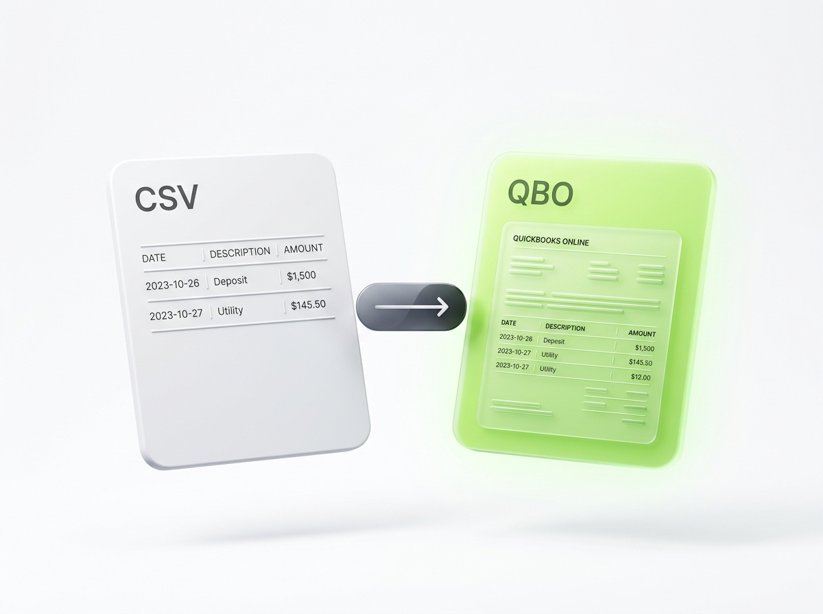 3D render of floating CSV to QBO financial file documents